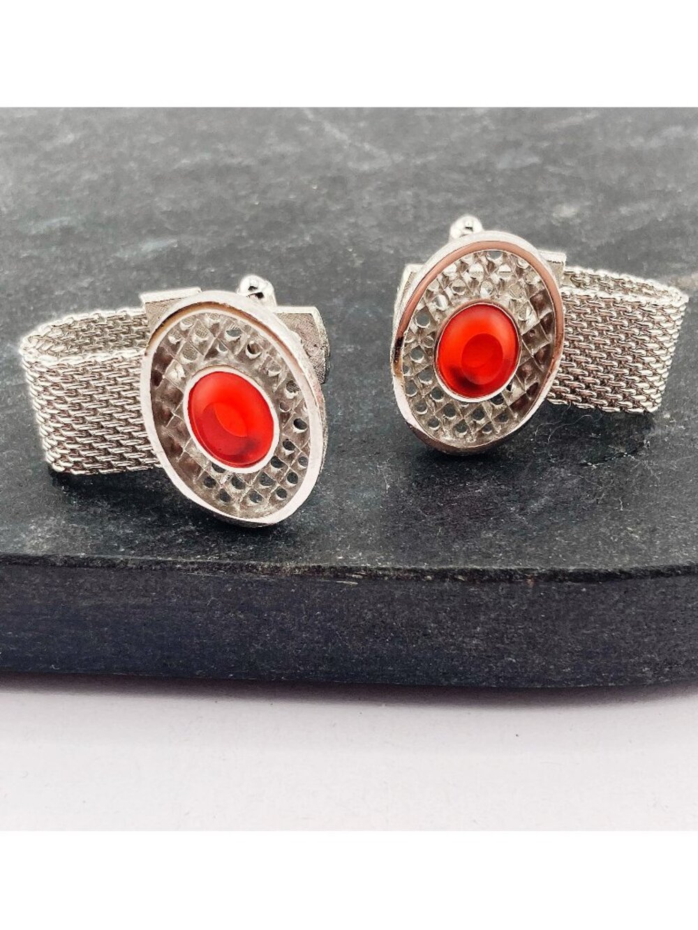 HICKOK Vintage silver tone metal and red plastic cabochon oval mesh cuff links
